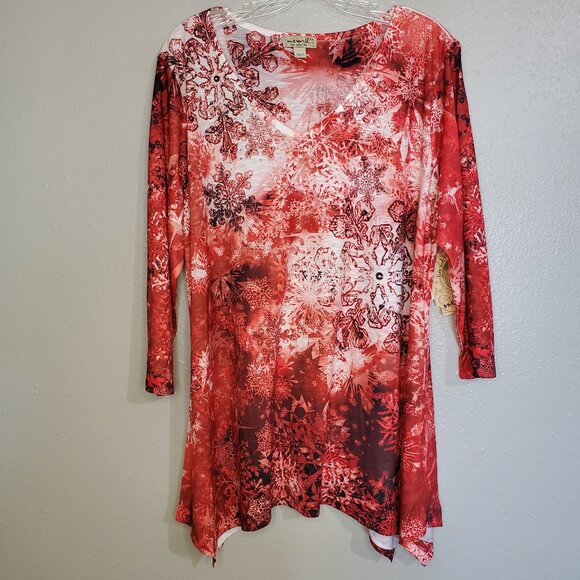 One World Snowflake Red & White NWT Embellishment V Neck Top Tunic XL - Picture 1 of 11